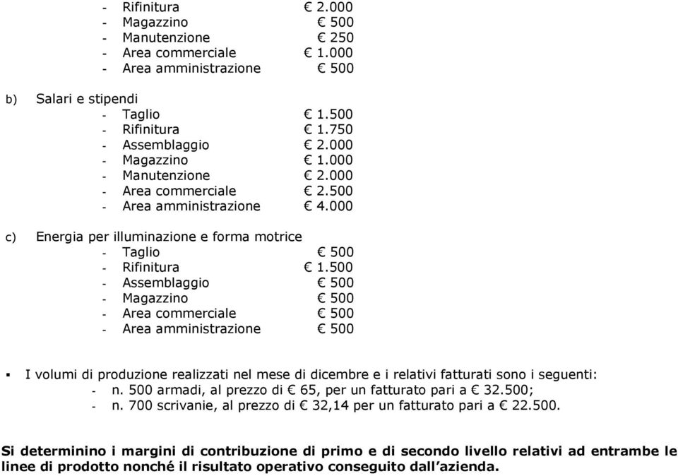 500 - Assemblaggio 500 - Magazzino 500 - Area commerciale 500 - Area amministrazione 500 I volumi di produzione realizzati nel mese di dicembre e i relativi fatturati sono i seguenti: - n.