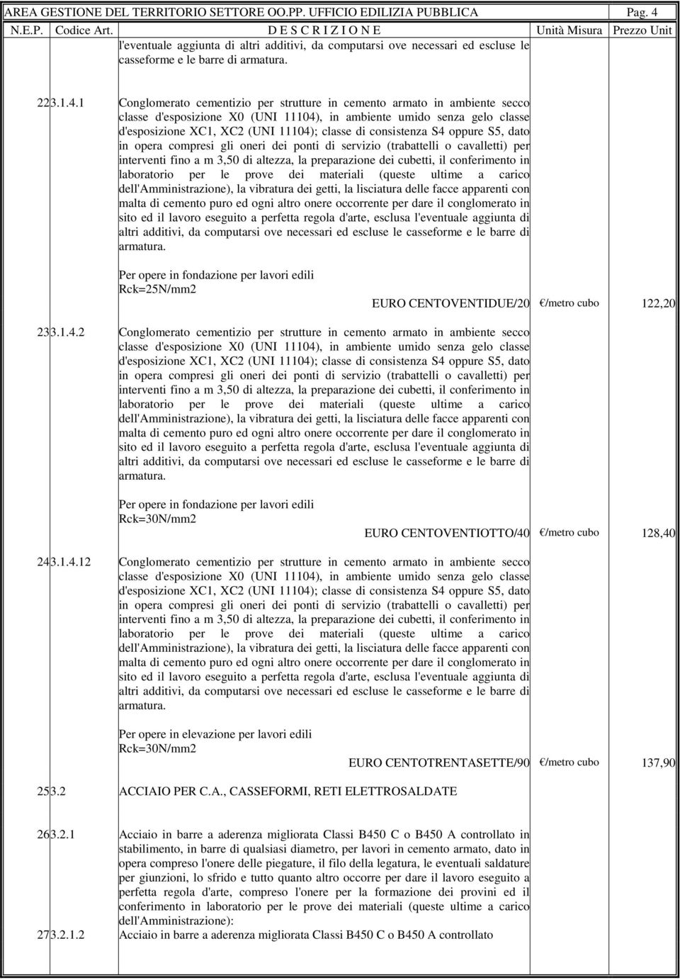 consistenza S4 oppure S5, dato in opera compresi gli oneri dei ponti di servizio (trabattelli o cavalletti) per interventi fino a m 3,50 di altezza, la preparazione dei cubetti, il conferimento in