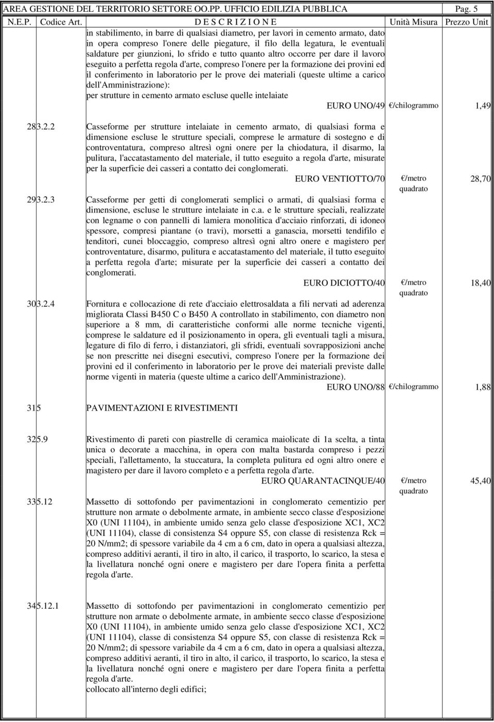 sfrido e tutto quanto altro occorre per dare il lavoro eseguito a perfetta regola d'arte, compreso l'onere per la formazione dei provini ed il conferimento in laboratorio per le prove dei materiali