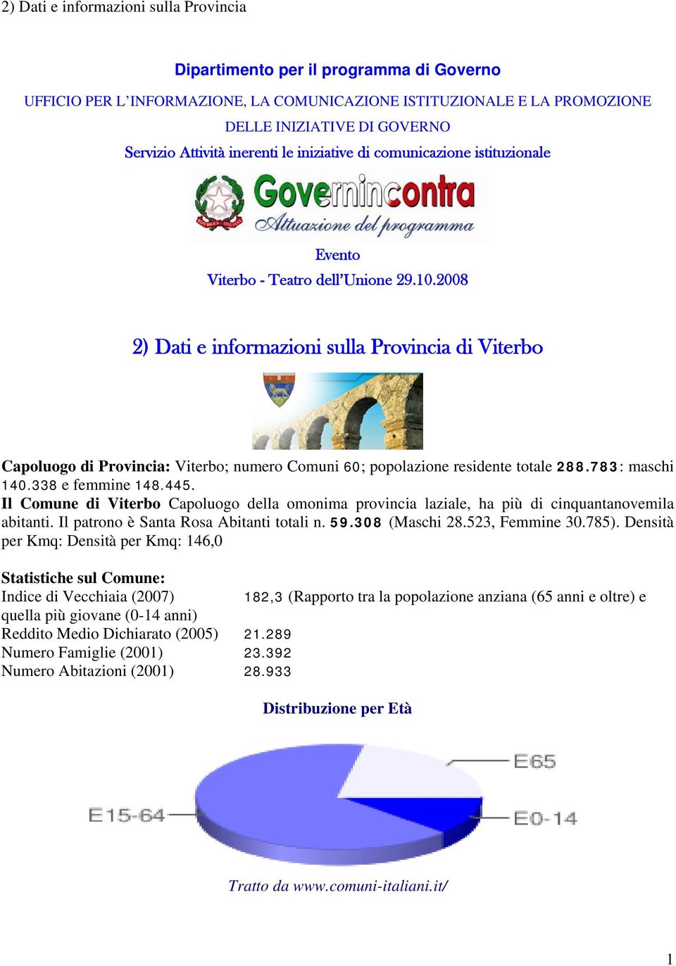 2008 2) Dati e informazioni sulla Provincia di Viterbo Capoluogo di Provincia: Viterbo; numero Comuni 60; popolazione residente totale 288.783: maschi 140.338 e femmine 148.445.