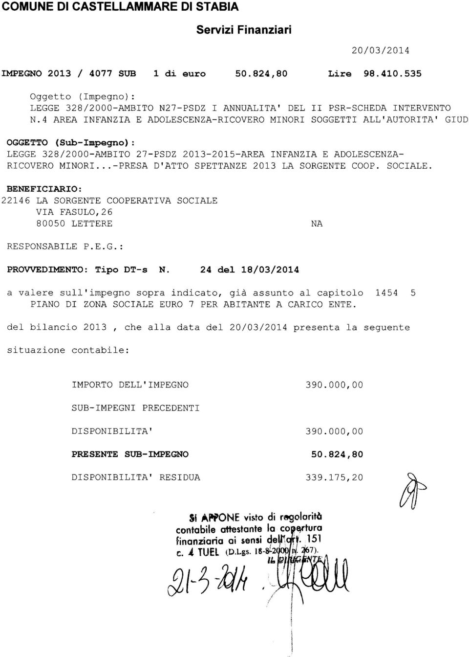 4 AREA INFANZIA E ADOLESCENZA-RICOVERO MINORI SOGGETTI ALL'AUTORITA' GIUD OGGETTO (Sub-Impegno) : LEGGE 328/2000-AMBITO 27-PSDZ 2013-2015-AREA INFANZIA E ADOLESCENZA RICOVERO MINORI.