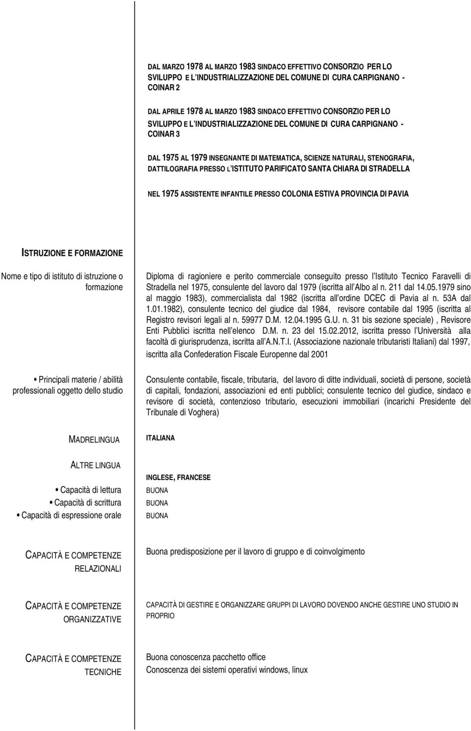 CHIARA DI STRADELLA NEL 1975 ASSISTENTE INFANTILE PRESSO COLONIA ESTIVA PROVINCIA DI PAVIA ISTRUZIONE E FORMAZIONE Nome e tipo di istituto di istruzione o formazione Principali materie / abilità