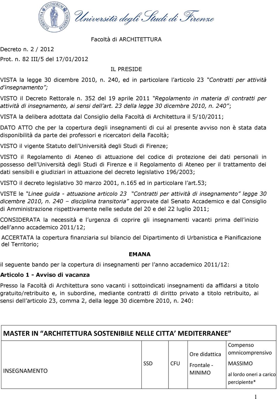 352 del 19 aprile 2011 Regolamento in materia di contratti per attività di insegnamento, ai sensi dell art. 23 della legge 30 dicembre 2010, n.