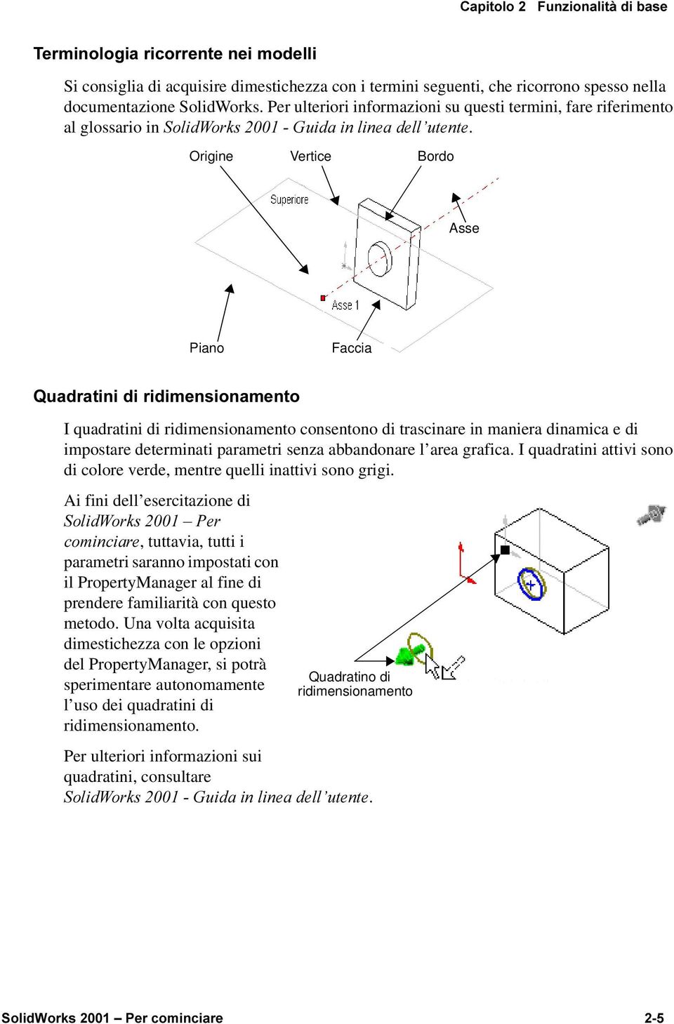 Origine Vertice Bordo Asse Piano Faccia 4XDGUDWLQLGLULGLPHQVLRQDPHQWR I quadratini di ridimensionamento consentono di trascinare in maniera dinamica e di impostare determinati parametri senza