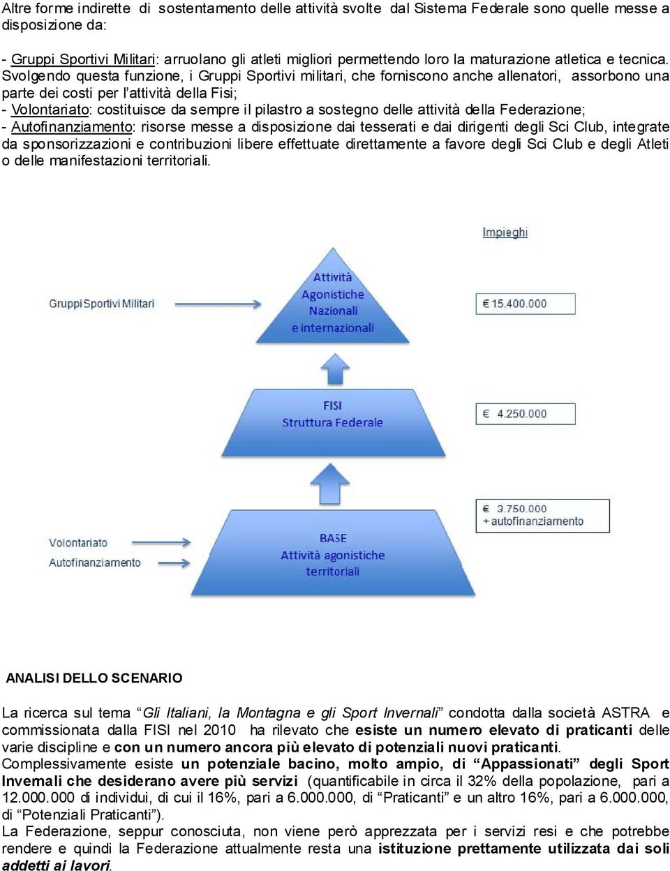 Svolgendo questa funzione, i Gruppi Sportivi militari, che forniscono anche allenatori, assorbono una parte dei costi per l attività della Fisi; - Volontariato: costituisce da sempre il pilastro a