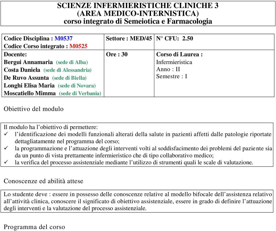 50 Ore : 30 Corso di Laurea : Infermieristica Anno : II Semestre : I Obiettivo del modulo Il modulo ha l obiettivo di permettere: l identificazione dei modelli funzionali alterati della salute in