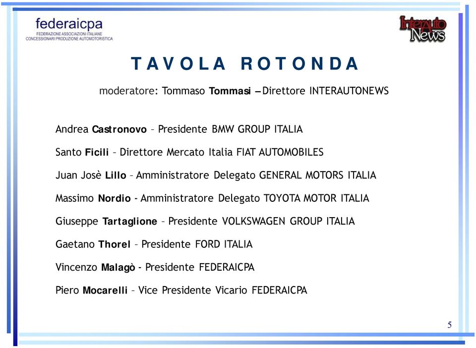 ITALIA Massimo Nordio -Amministratore Delegato TOYOTA MOTOR ITALIA Giuseppe Tartaglione Presidente VOLKSWAGEN GROUP