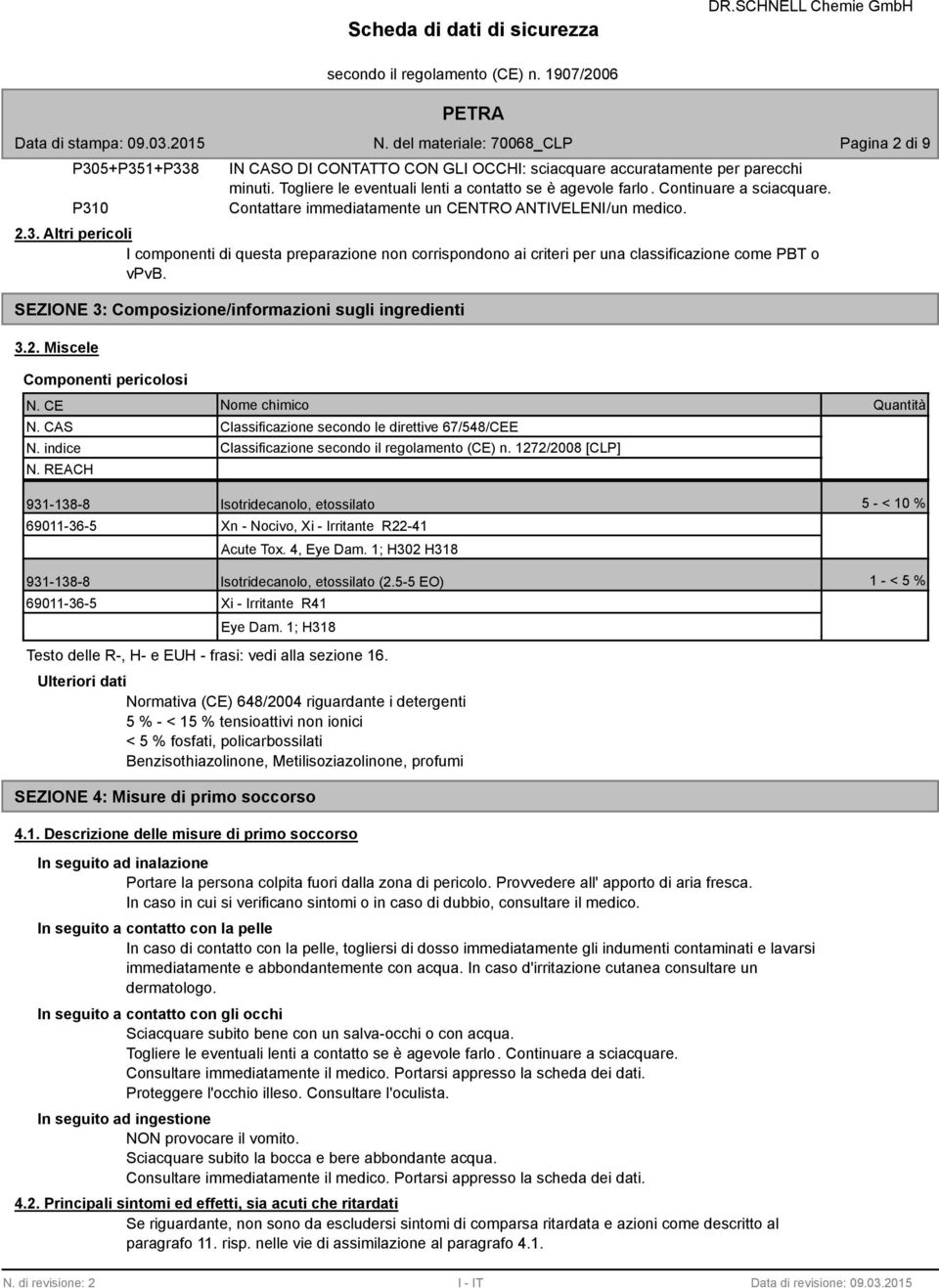 SEZIONE 3: Composizione/informazioni sugli ingredienti 3.2. Miscele Componenti pericolosi N. CE Nome chimico Quantità N. CAS Classificazione secondo le direttive 67/548/CEE N.