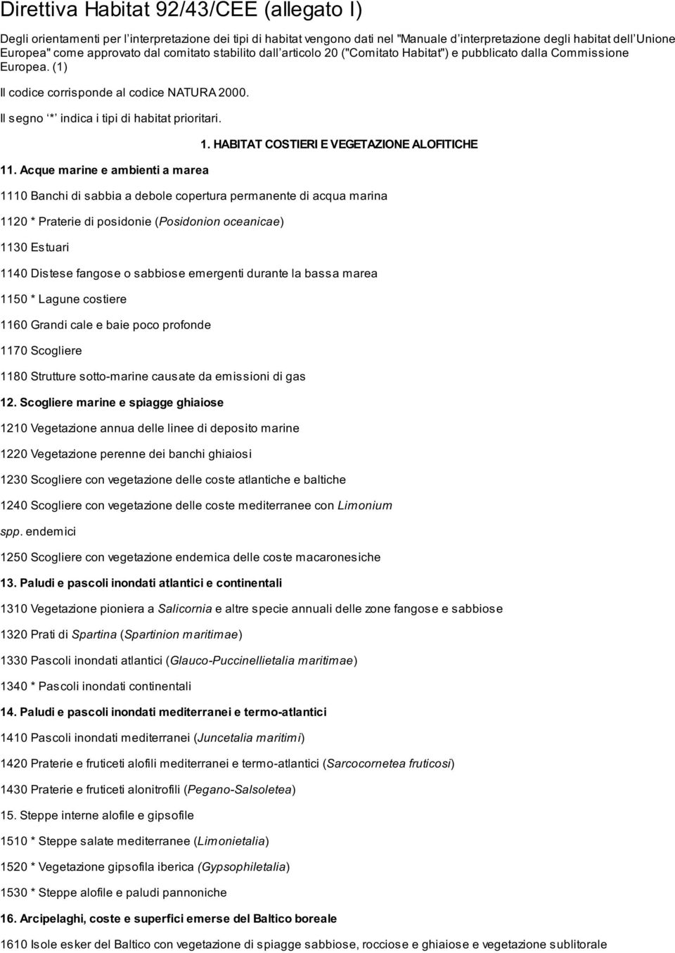 dal comitato stabilito dall articolo 20 ("Comitato Habitat") e pubblicato dalla Commissione Europea. (1) Il codice corrisponde al codice NATURA 2000. Il segno * indica i tipi di habitat prioritari.