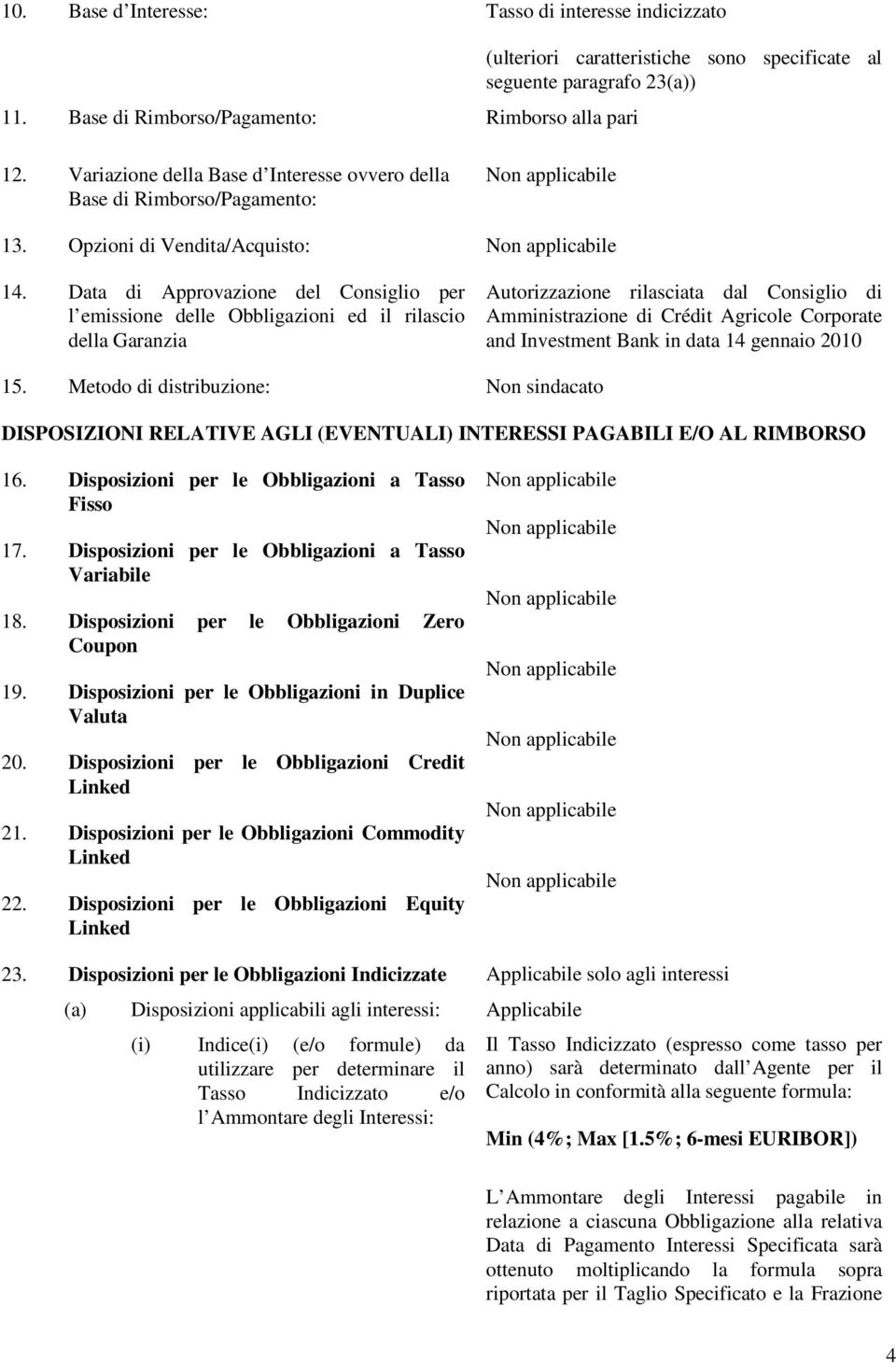 Data di Approvazione del Consiglio per l emissione delle Obbligazioni ed il rilascio della Garanzia Autorizzazione rilasciata dal Consiglio di Amministrazione di Crédit Agricole Corporate and