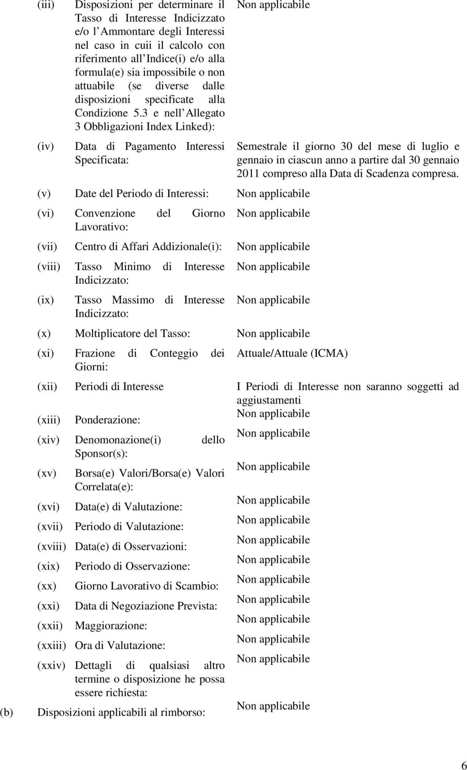 3 e nell Allegato 3 Obbligazioni Index Linked): Data di Pagamento Interessi Specificata: (v) Date del Periodo di Interessi: (vi) Convenzione del Giorno Lavorativo: Semestrale il giorno 30 del mese di