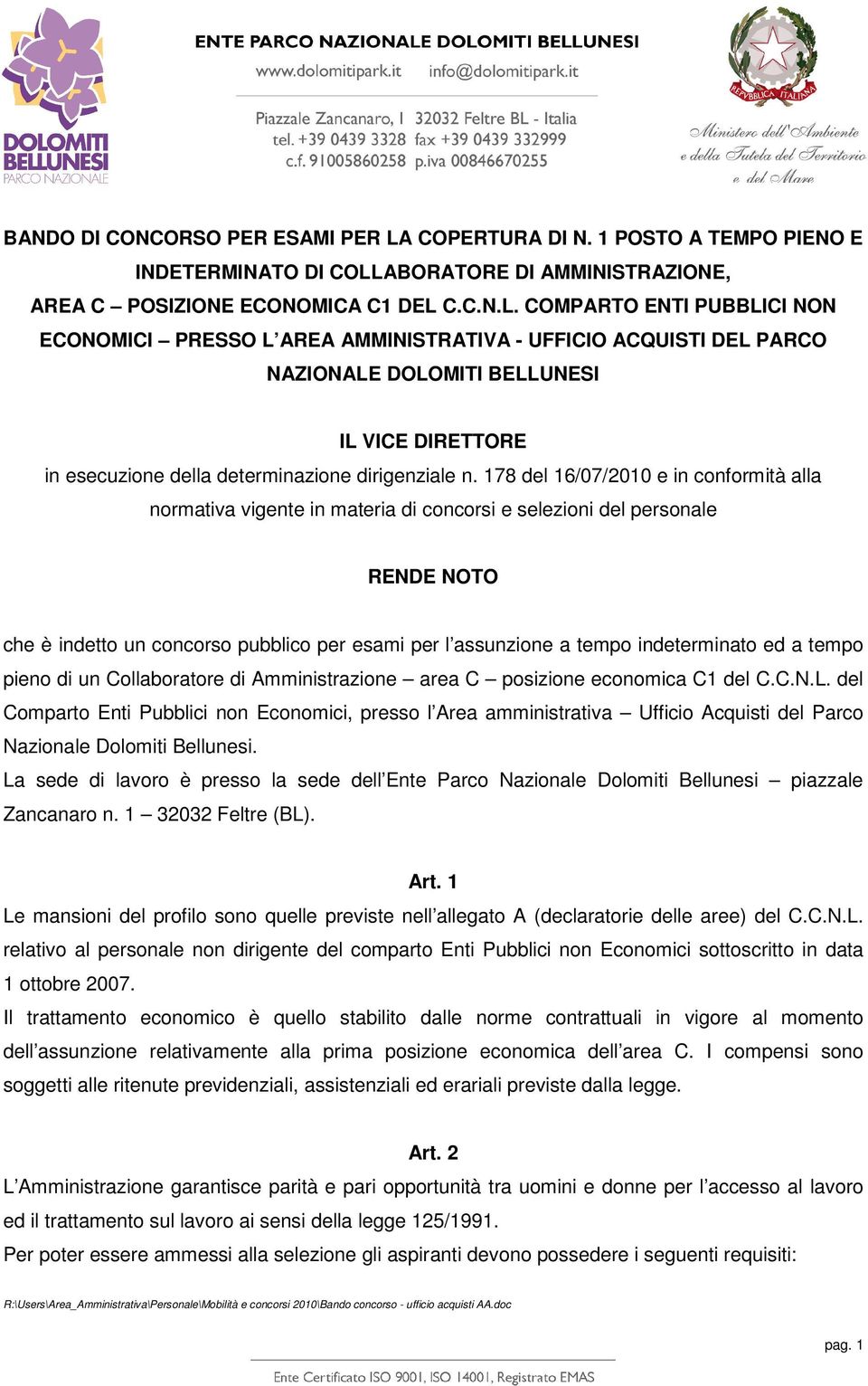 ABORATORE DI AMMINISTRAZIONE, AREA C POSIZIONE ECONOMICA C1 DEL 