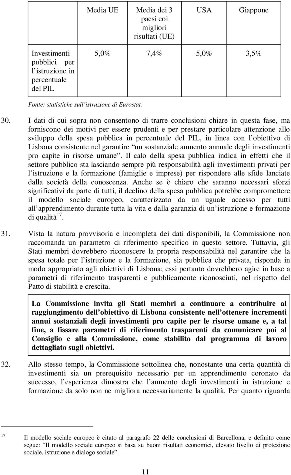 pubblica in percentuale del PIL, in linea con l obiettivo di Lisbona consistente nel garantire un sostanziale aumento annuale degli investimenti pro capite in risorse umane.