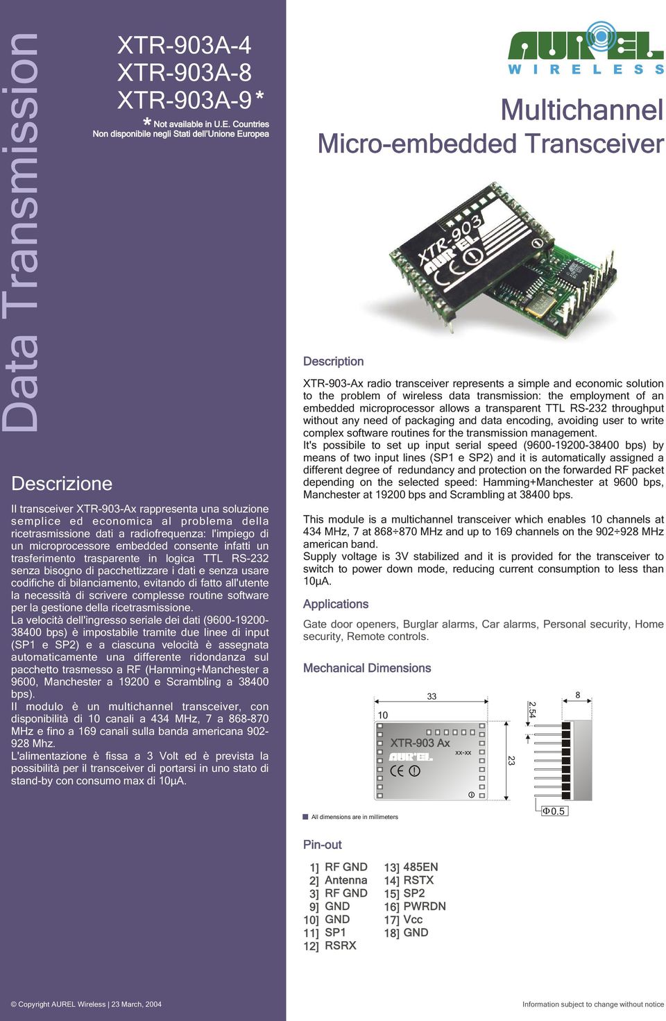 di un microprocessore embedded consente infatti un trasferimento trasparente in logica TTL RS-232 senza bisogno di pacchettizzare i dati e senza usare codifiche di bilanciamento, evitando di fatto