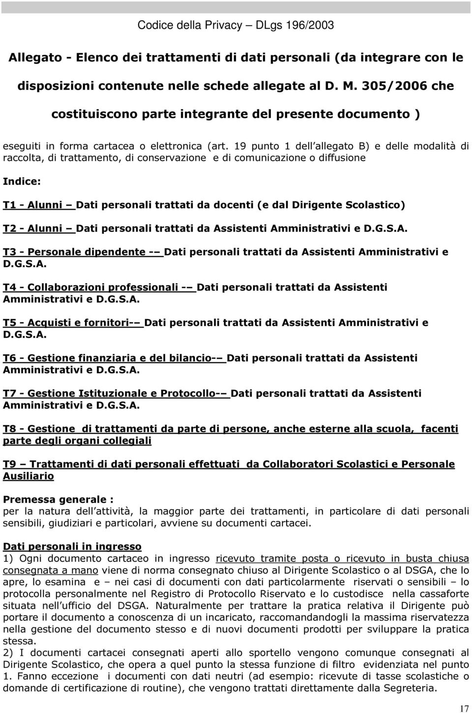 19 punto 1 dell allegato B) e delle modalità di raccolta, di trattamento, di conservazione e di comunicazione o diffusione Indice: T1 - Alunni Dati personali trattati da docenti (e dal Dirigente