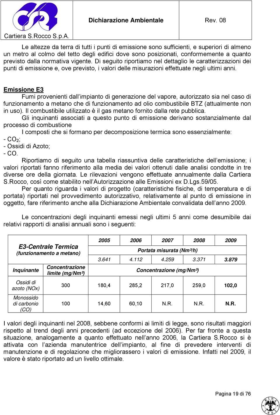 normativa vigente. Di seguito riportiamo nel dettaglio le caratterizzazioni dei punti di emissione e, ove previsto, i valori delle misurazioni effettuate negli ultimi anni.