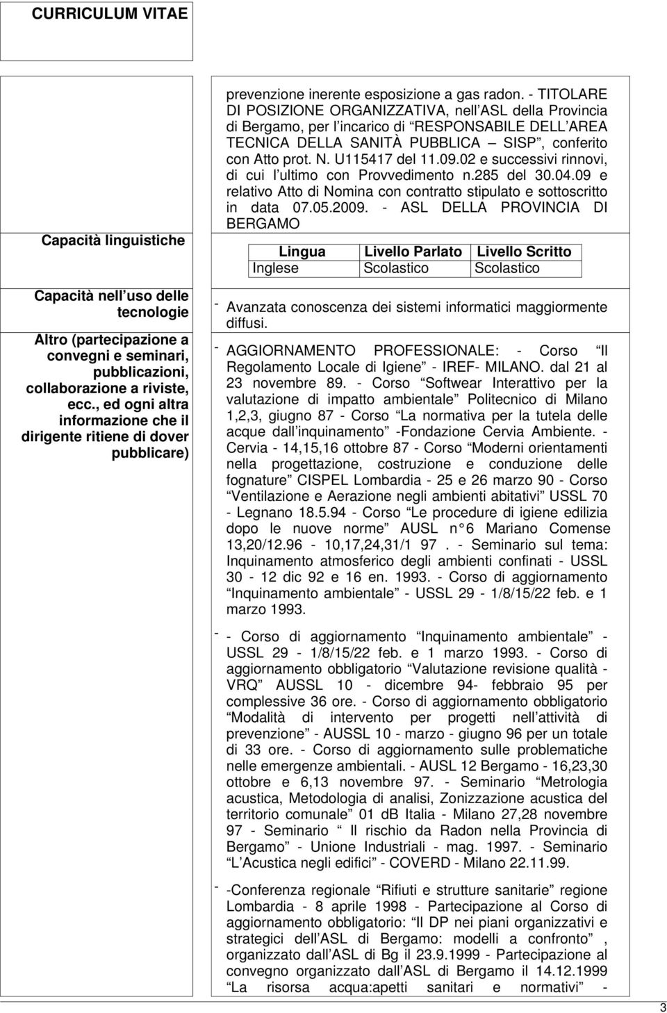 - TITOLARE DI POSIZIONE ORGANIZZATIVA, nell ASL della Provincia di Bergamo, per l incarico di RESPONSABILE DELL AREA TECNICA DELLA SANITÀ PUBBLICA SISP, conferito con Atto prot. N. U115417 del 11.09.