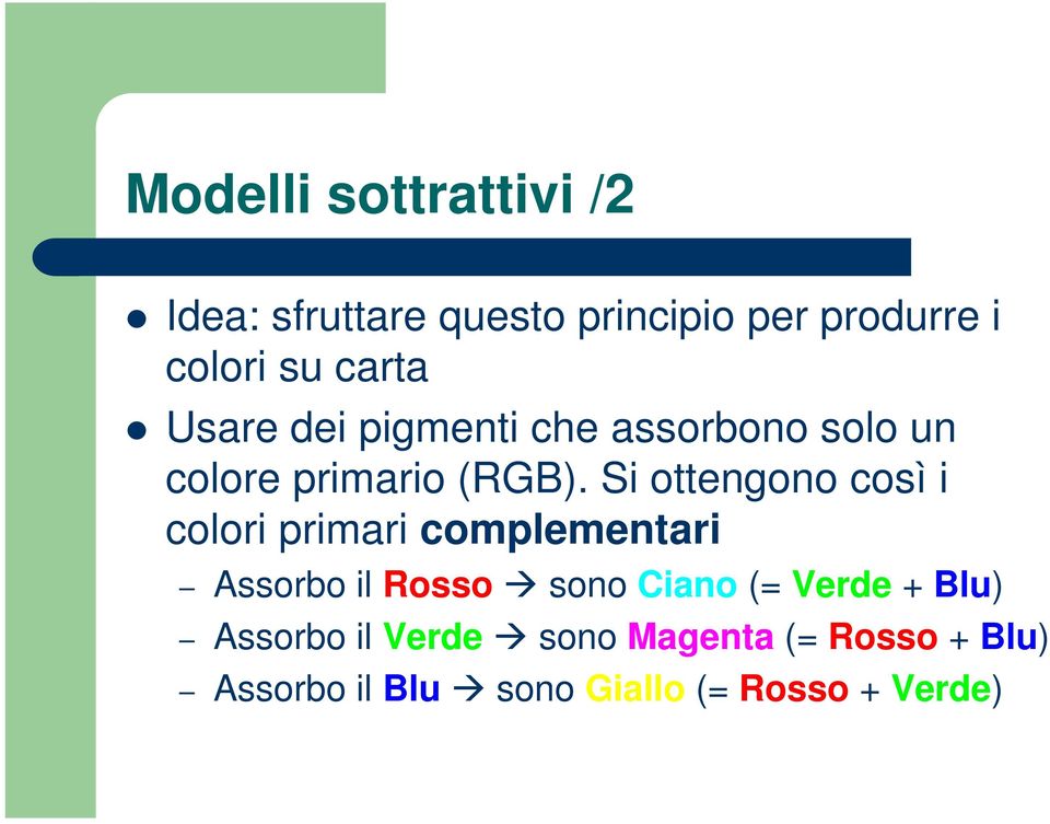 Si ottengono così i colori primari complementari Assorbo il Rosso sono Ciano (=