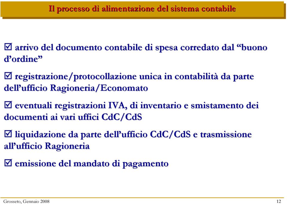 eventuali registrazioni IVA, di inventario e smistamento dei documenti ai vari uffici CdC/CdS CdS liquidazione da