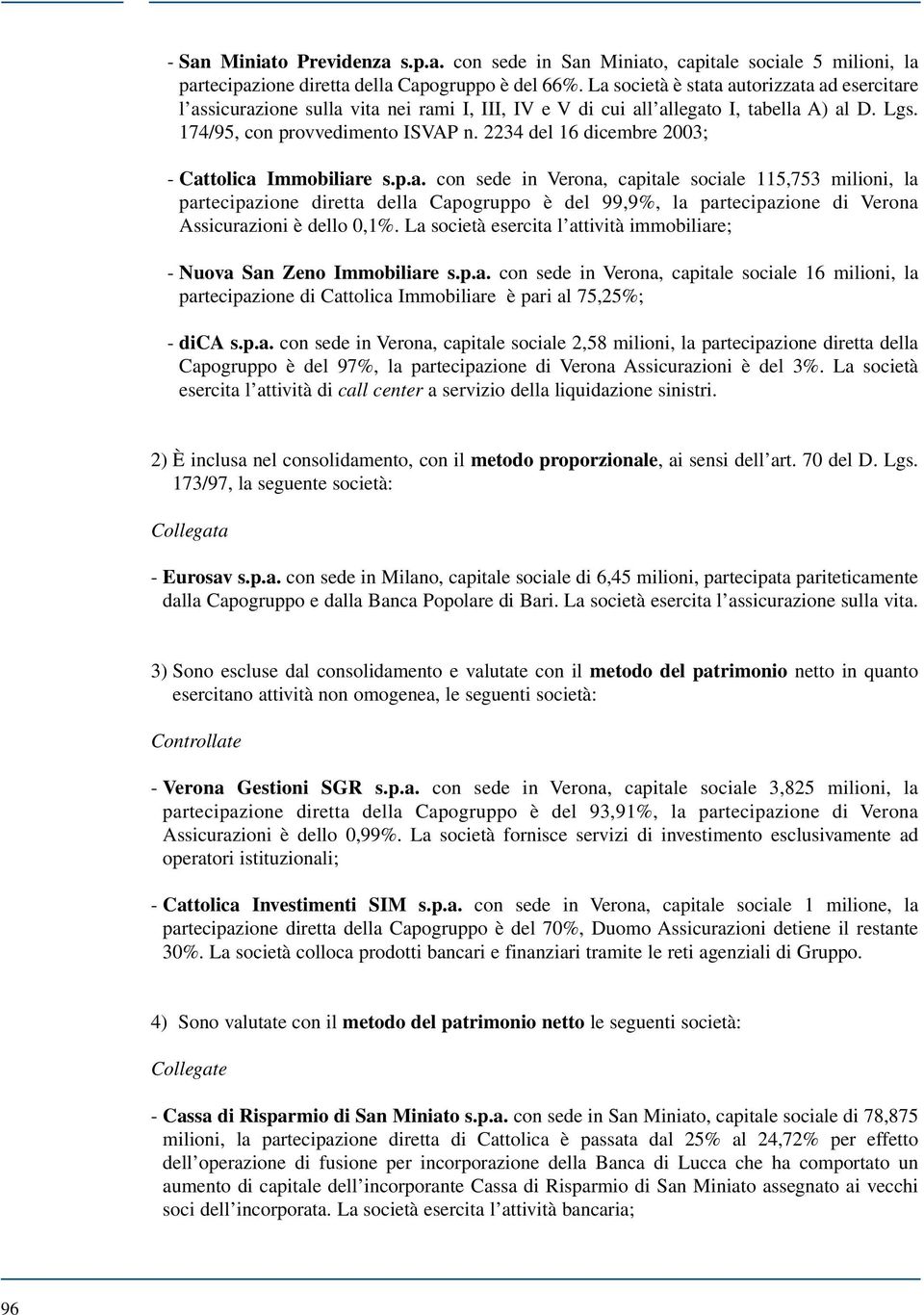 2234 del 16 dicembre 2003; - Cattolica Immobiliare s.p.a. con sede in Verona, capitale sociale 115,753 milioni, la partecipazione diretta della Capogruppo è del 99,9%, la partecipazione di Verona Assicurazioni è dello 0,1%.