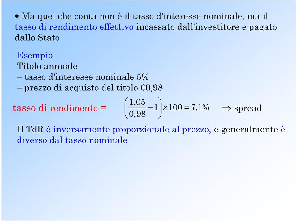 nominale 5% prezzo di acquisto del titolo 0,98 tasso di rendimento = 1,05 1 100 = 7,1% 0,98