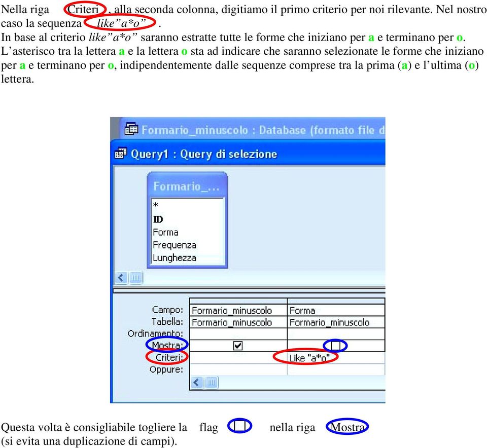 L asterisco tra la lettera a e la lettera o sta ad indicare che saranno selezionate le forme che iniziano per a e terminano per o,