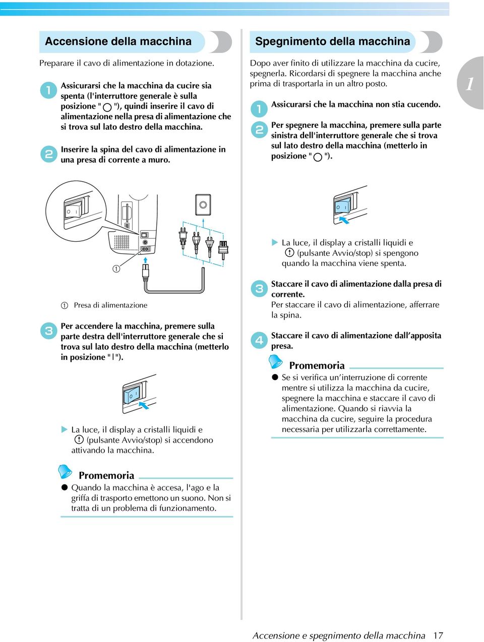 Inserire l spin del vo di limentzione in un pres di orrente muro. Spegnimento dell mhin Dopo ver finito di utilizzre l mhin d uire, spegnerl.