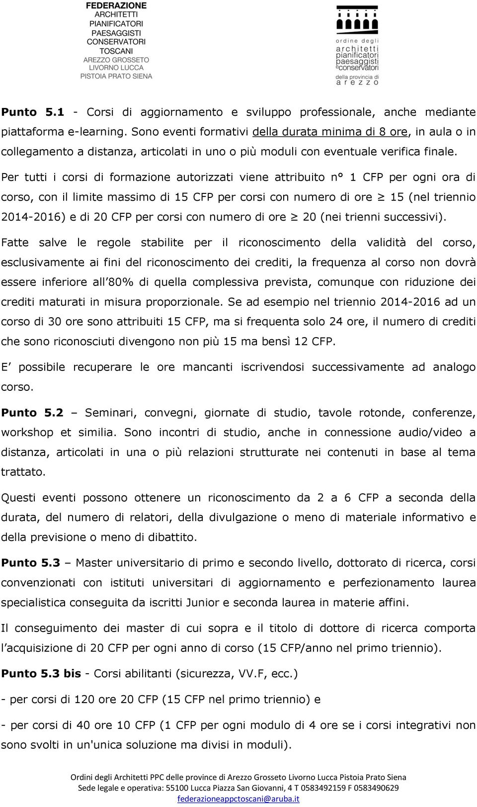 Per tutti i corsi di formazione autorizzati viene attribuito n 1 CFP per ogni ora di corso, con il limite massimo di 15 CFP per corsi con numero di ore 15 (nel triennio 2014-2016) e di 20 CFP per