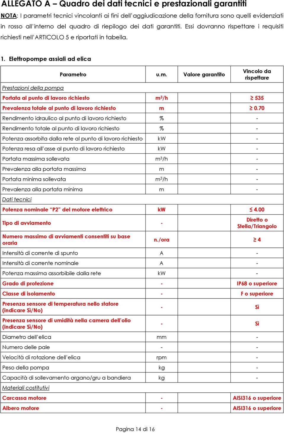 e assiali ad elica Prestazioni della pompa Parametro u.m. Valore garantito Vincolo da rispettare Portata al punto di lavoro richiesto m 3 /h 535 Prevalenza totale al punto di lavoro richiesto m 0.