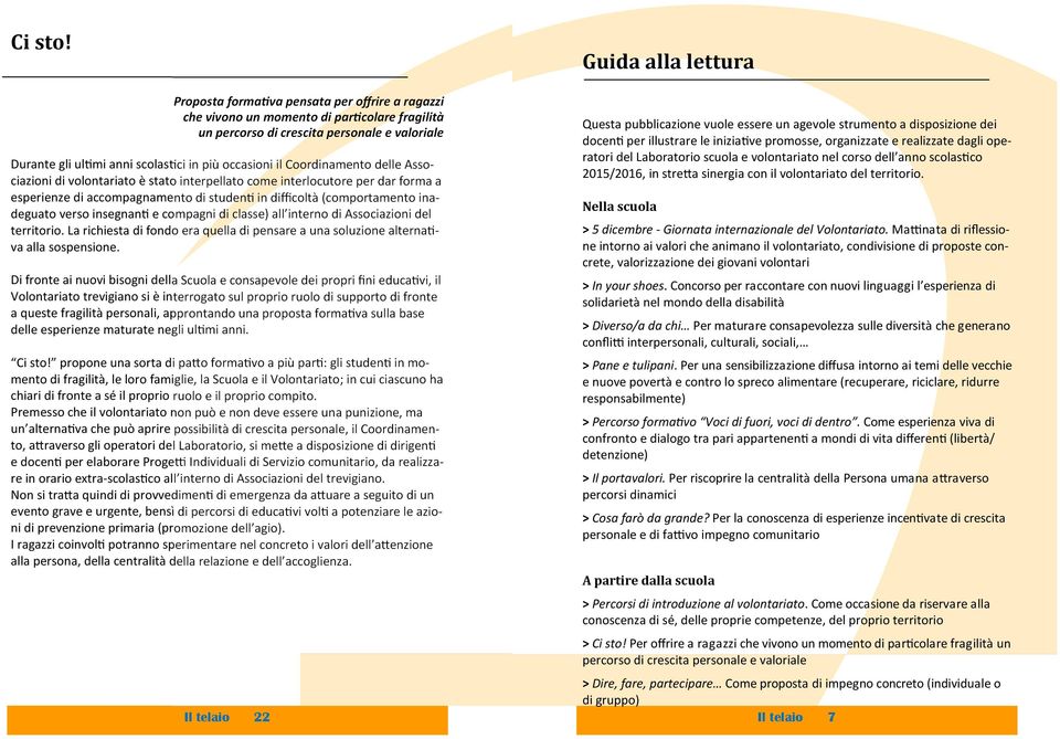 Coordinamento delle Associazioni di volontariato è stato interpellato come interlocutore per dar forma a esperienze di accompagnamento di studen in difficoltà (comportamento inadeguato verso insegnan