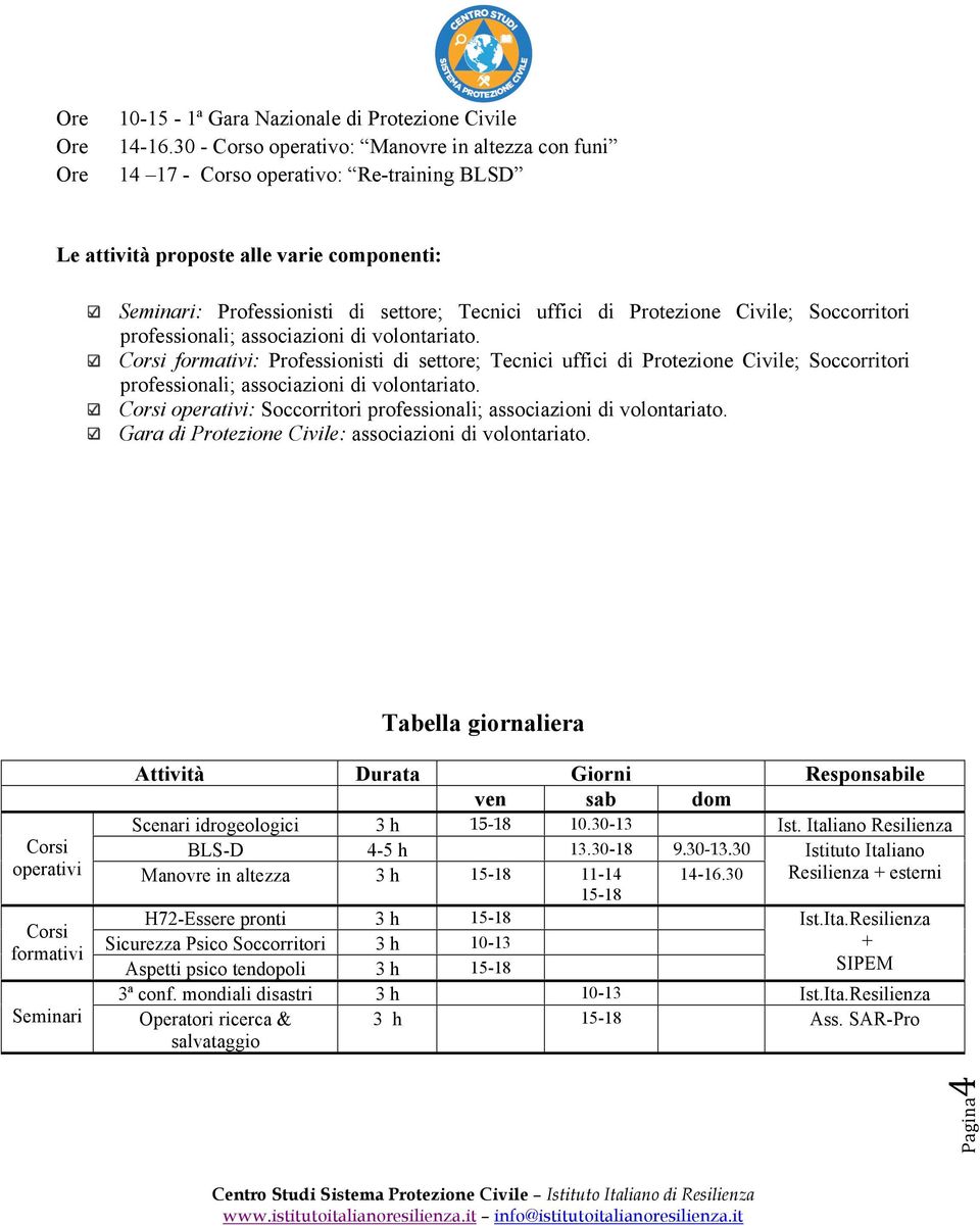 Protezione Civile; Soccorritori professionali; associazioni di volontariato.