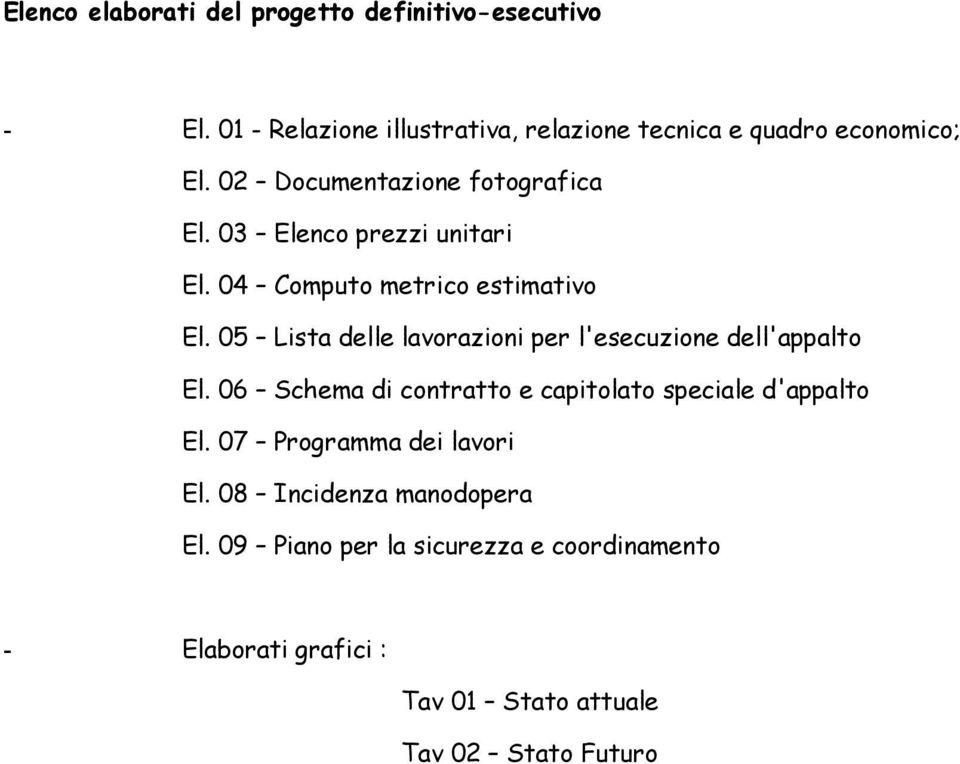 05 Lista delle lavorazioni per l'esecuzione dell'appalto El. 06 Schema di contratto e capitolato speciale d'appalto El.