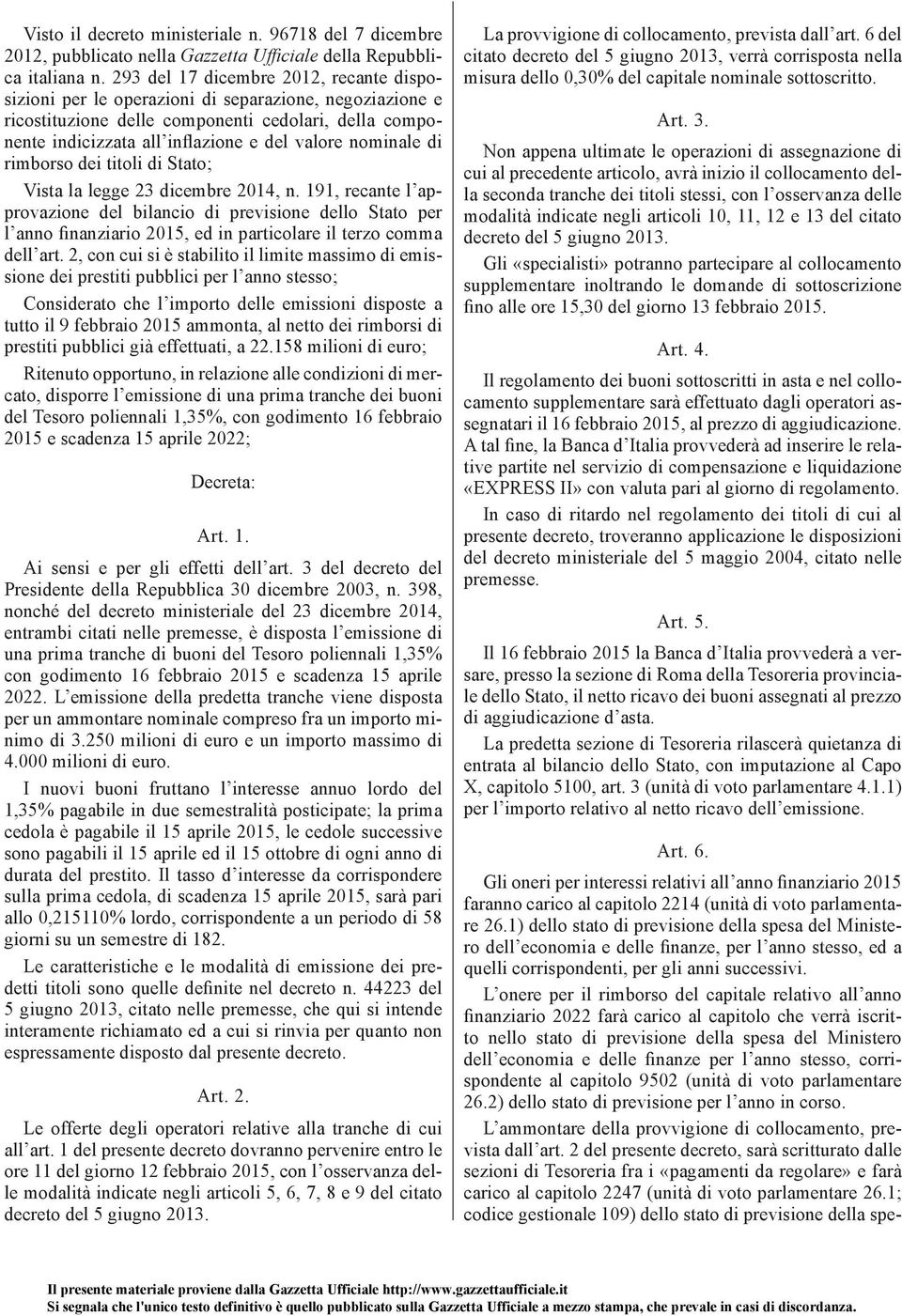 nominale di rimborso dei titoli di Stato; Vista la legge 23 dicembre 2014, n.