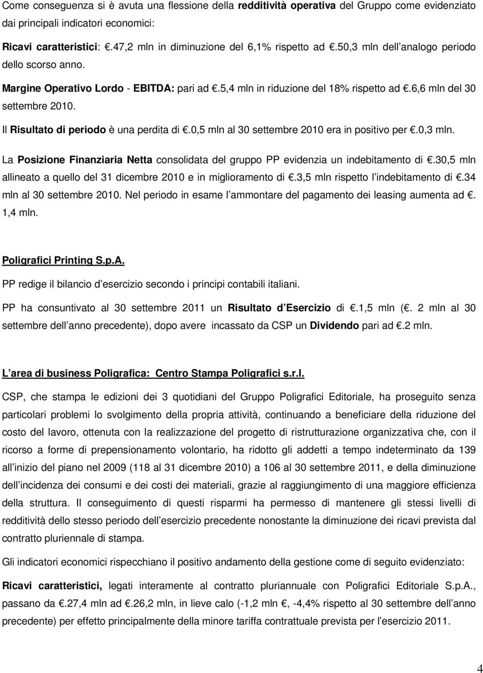 6,6 mln del 30 settembre 2010. Il Risultato di periodo è una perdita di.0,5 mln al 30 settembre 2010 era in positivo per.0,3 mln.