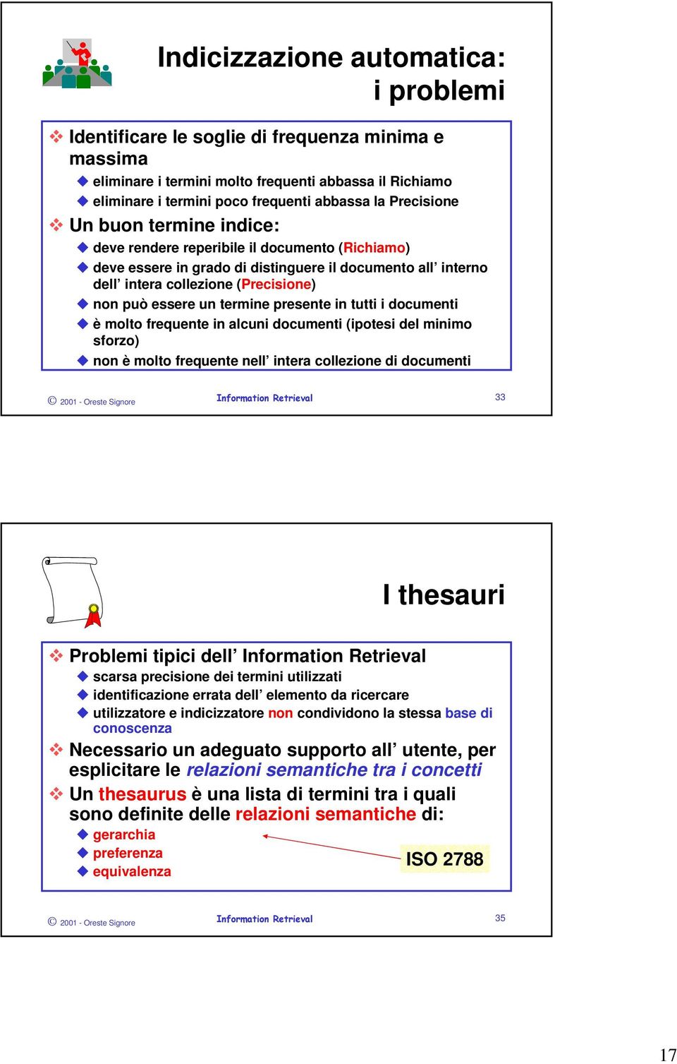 termine presente in tutti i documenti è molto frequente in alcuni documenti (ipotesi del minimo sforzo) non è molto frequente nell intera collezione di documenti 2001 - Oreste Signore 33 I thesauri