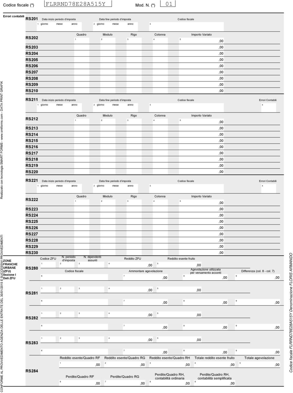 PROVVEDIMENTI ZONE FRANCHE URBANE (ZFU) Sezione I Dati ZFU Quadro Modulo Rigo Colonna RS0 RS0 RS0 RS0 RS0 RS0 RS0 RS09 RS0 RS Data inizio periodo d imposta giorno mese anno Data fine periodo d