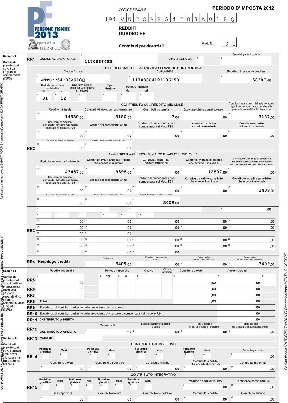 RR RR CODICE AZIENDA I.N.P.S. Periodo imposizione contributiva dal al Reddito minimale fiscale Contributi compensati con crediti previdenziali senza esposizione nel Mod.