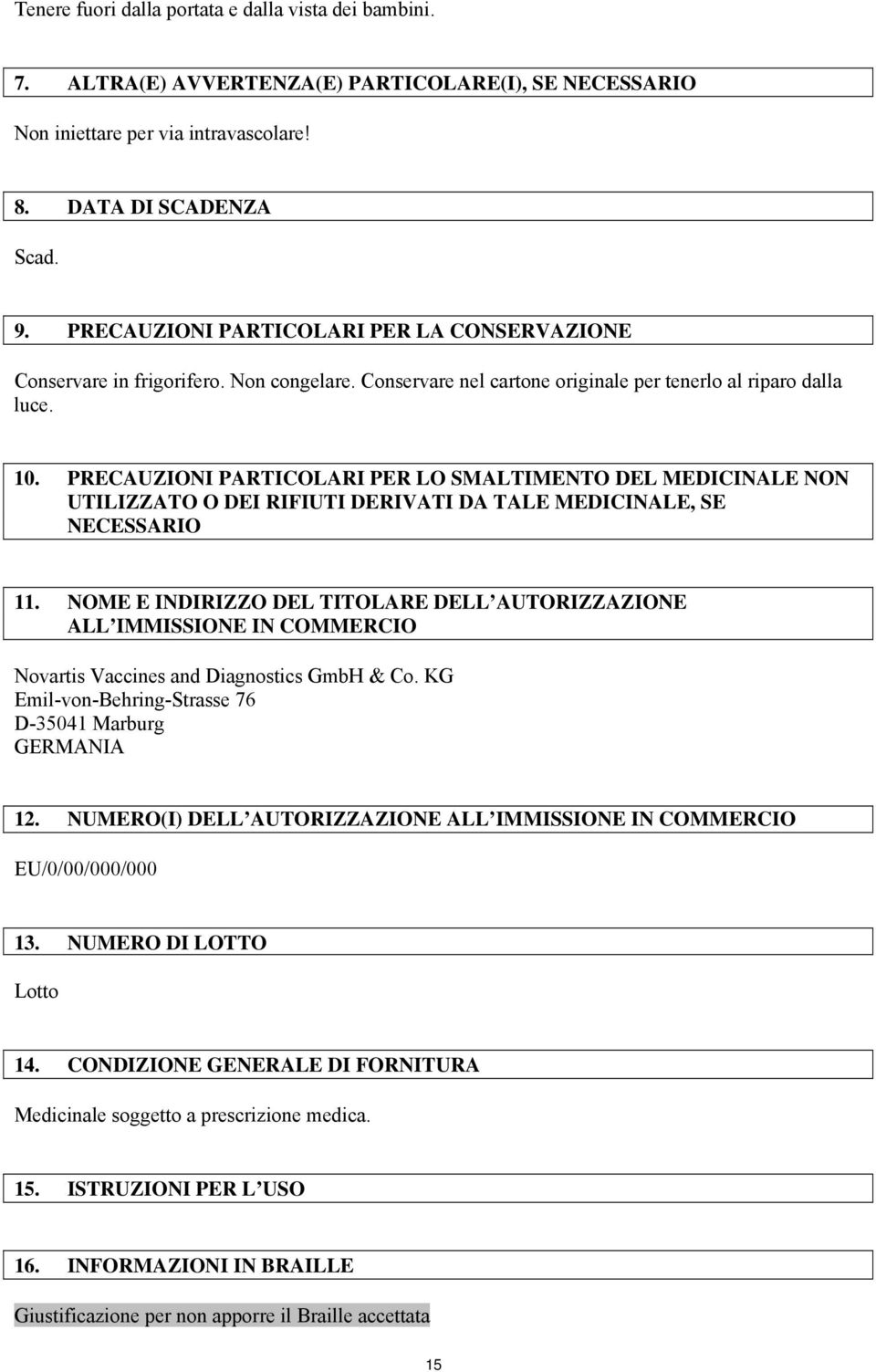 PRECAUZIONI PARTICOLARI PER LO SMALTIMENTO DEL MEDICINALE NON UTILIZZATO O DEI RIFIUTI DERIVATI DA TALE MEDICINALE, SE NECESSARIO 11.