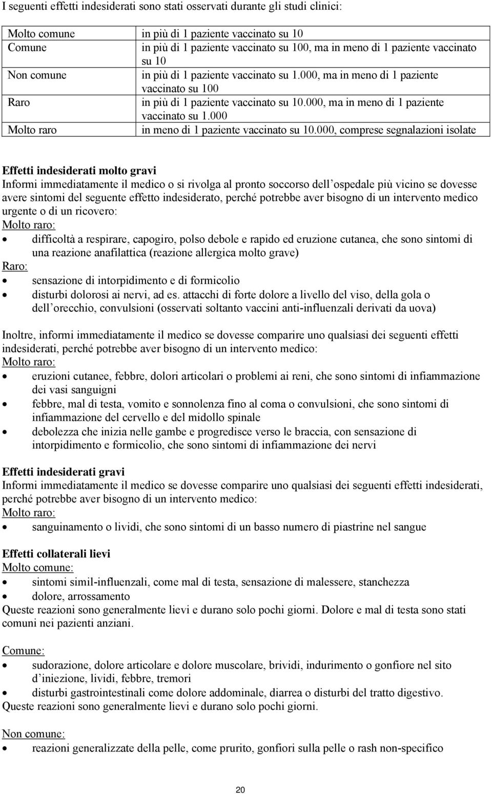 000, ma in meno di 1 paziente vaccinato su 1.000 Molto raro in meno di 1 paziente vaccinato su 10.