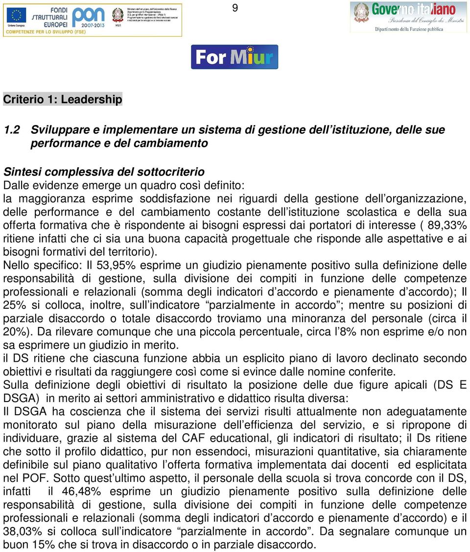 riguardi dlla gstion, dll prformanc dl cambiamnto costant dll istituzion scolastica dlla sua offrta formativa ch è rispondnt ai bisogni sprssi dai portatori di intrss ( 89,33% ritin infatti ch ci sia