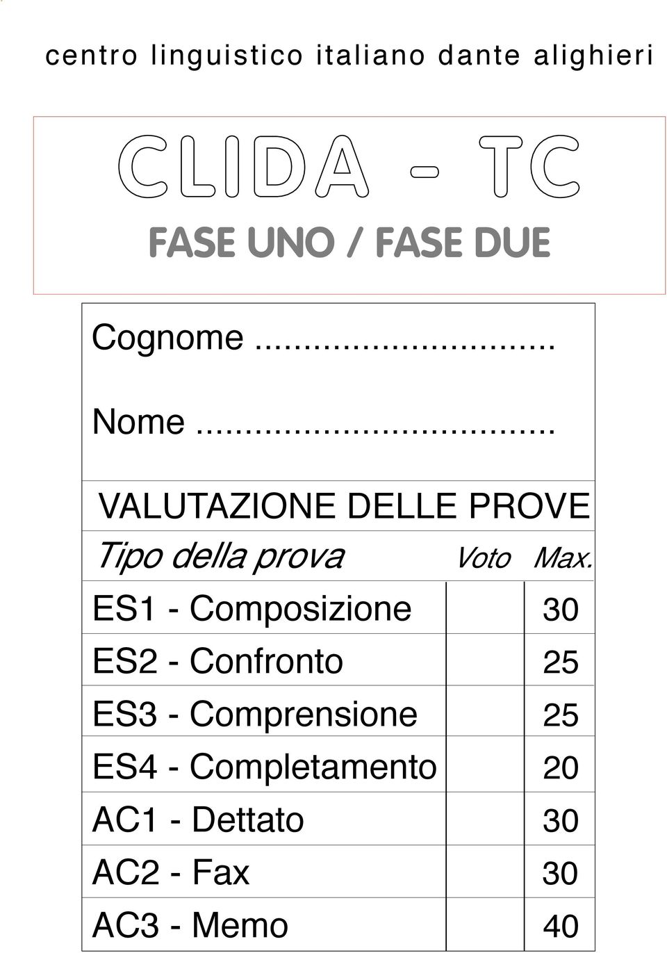 .. VALUTAZIONE DELLE PROVE Tipo della prova Voto Max.