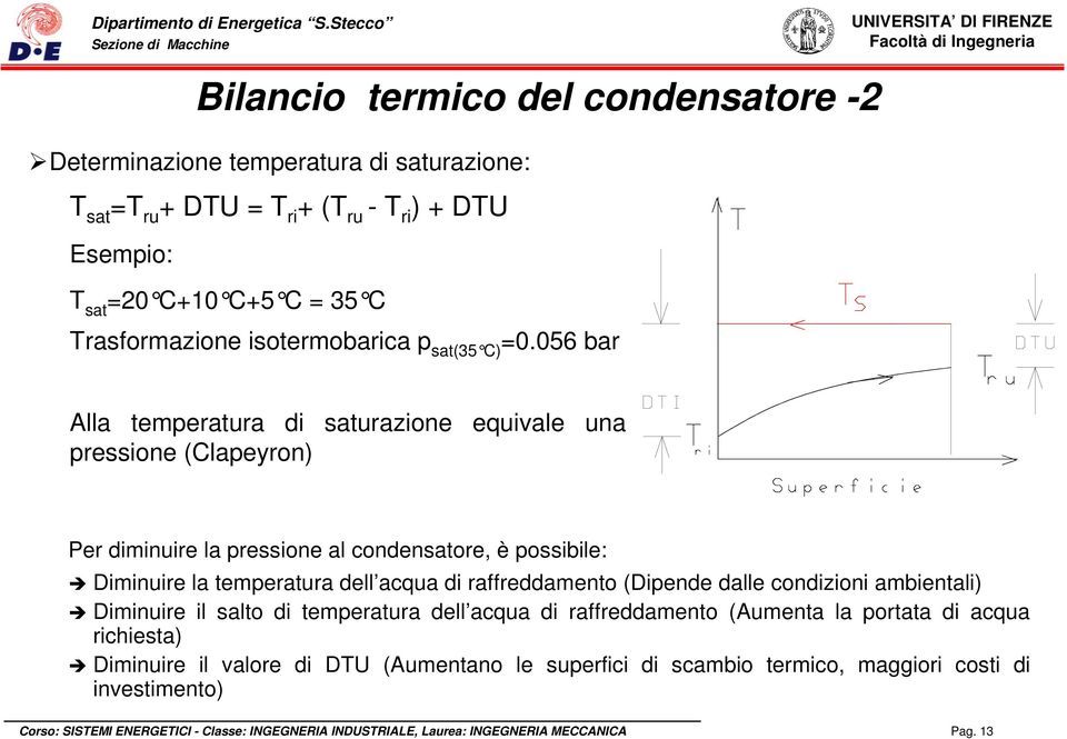 056 bar Alla temperatura di saturazione equivale una pressione (Clapeyron) Per diminuire la pressione al condensatore, è possibile: Diminuire la temperatura dell