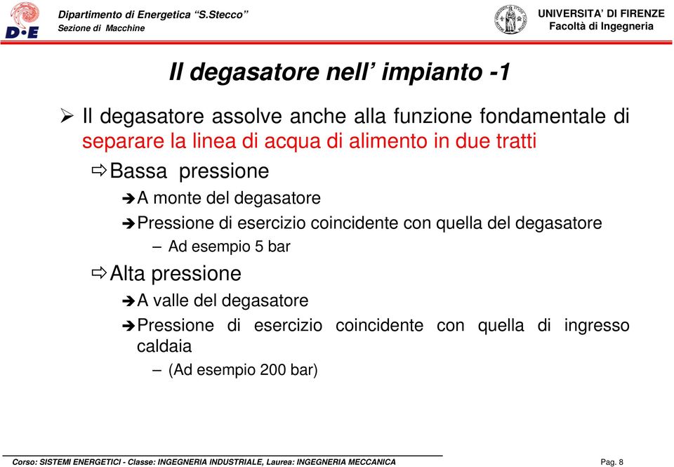 esercizio coincidente con quella del degasatore Ad esempio 5 bar Alta pressione A valle del