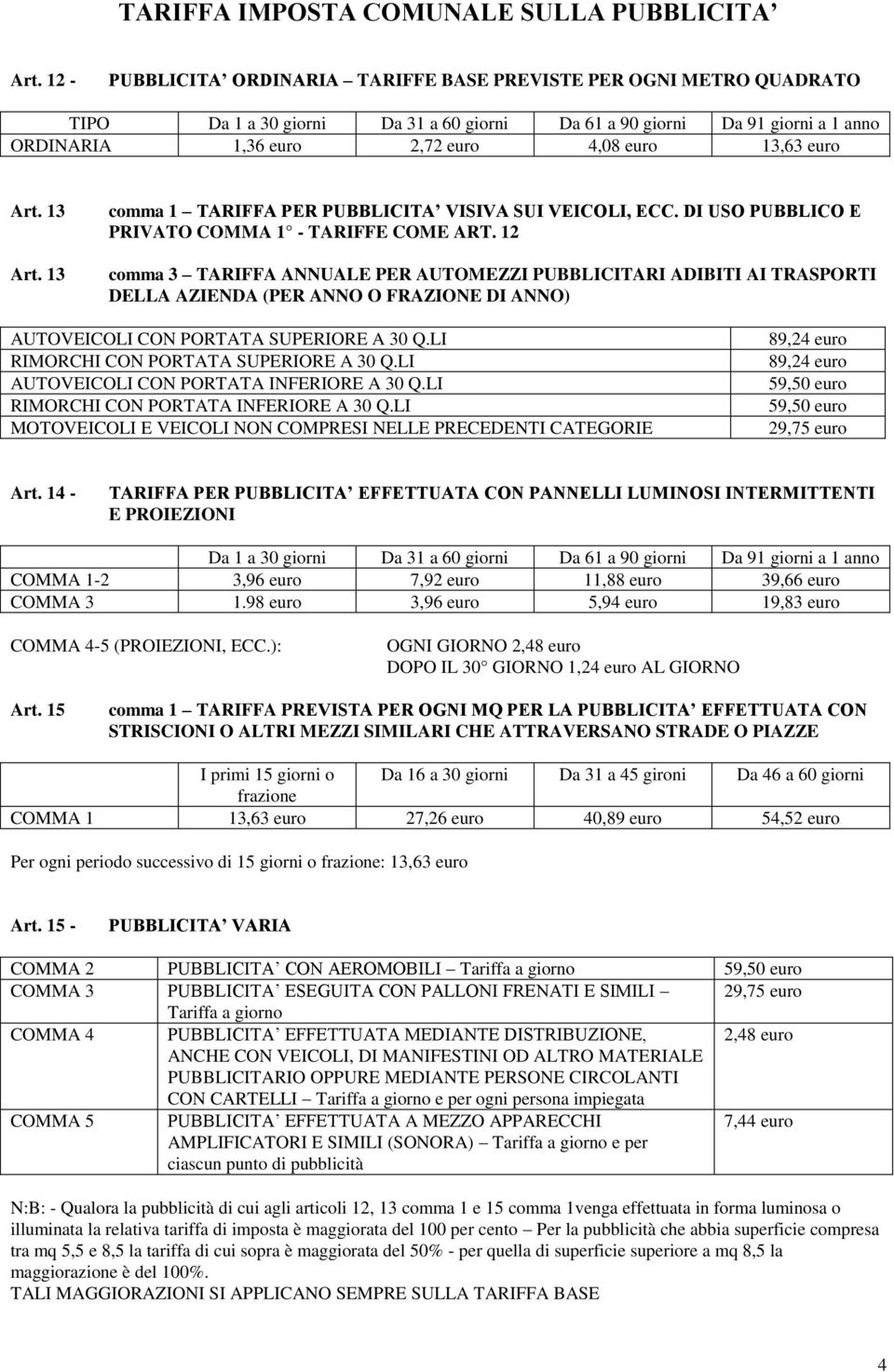 13 comma 1 TARIFFA PER PUBBLICITA VISIVA SUI VEICOLI, ECC. DI USO PUBBLICO E PRIVATO COMMA 1 - TARIFFE COME ART.