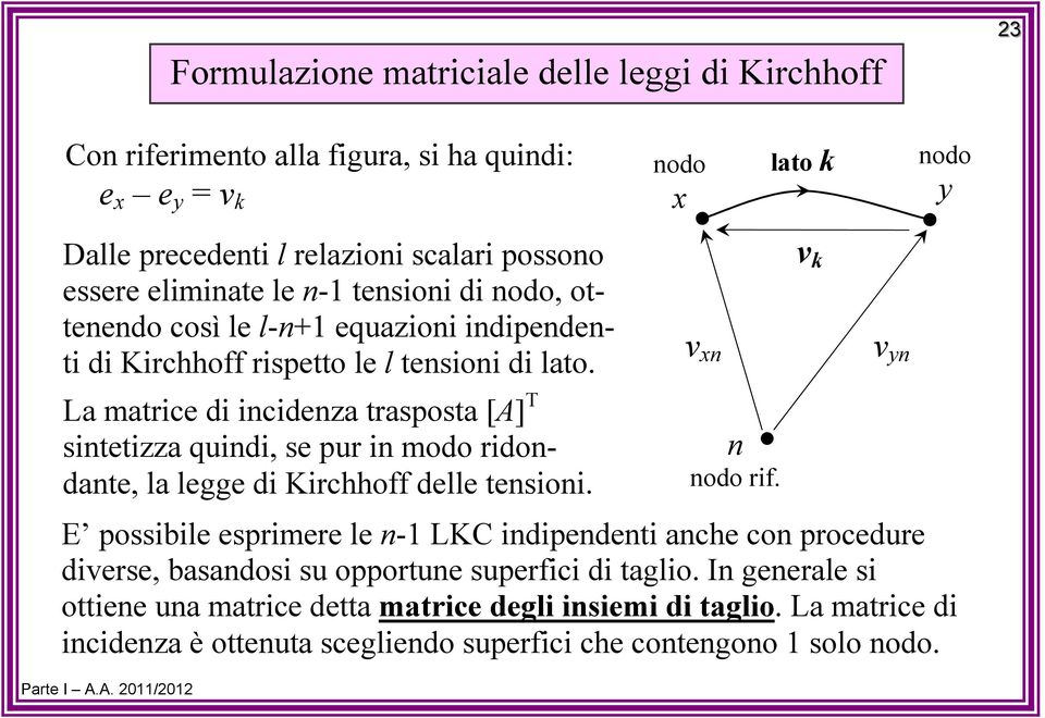 pur n modo rdondante, la legge d Krchhoff delle tenson Parte I AA / xn n nodo rf E possble esprmere le n- LKC ndpendent anche con procedure derse, basandos su