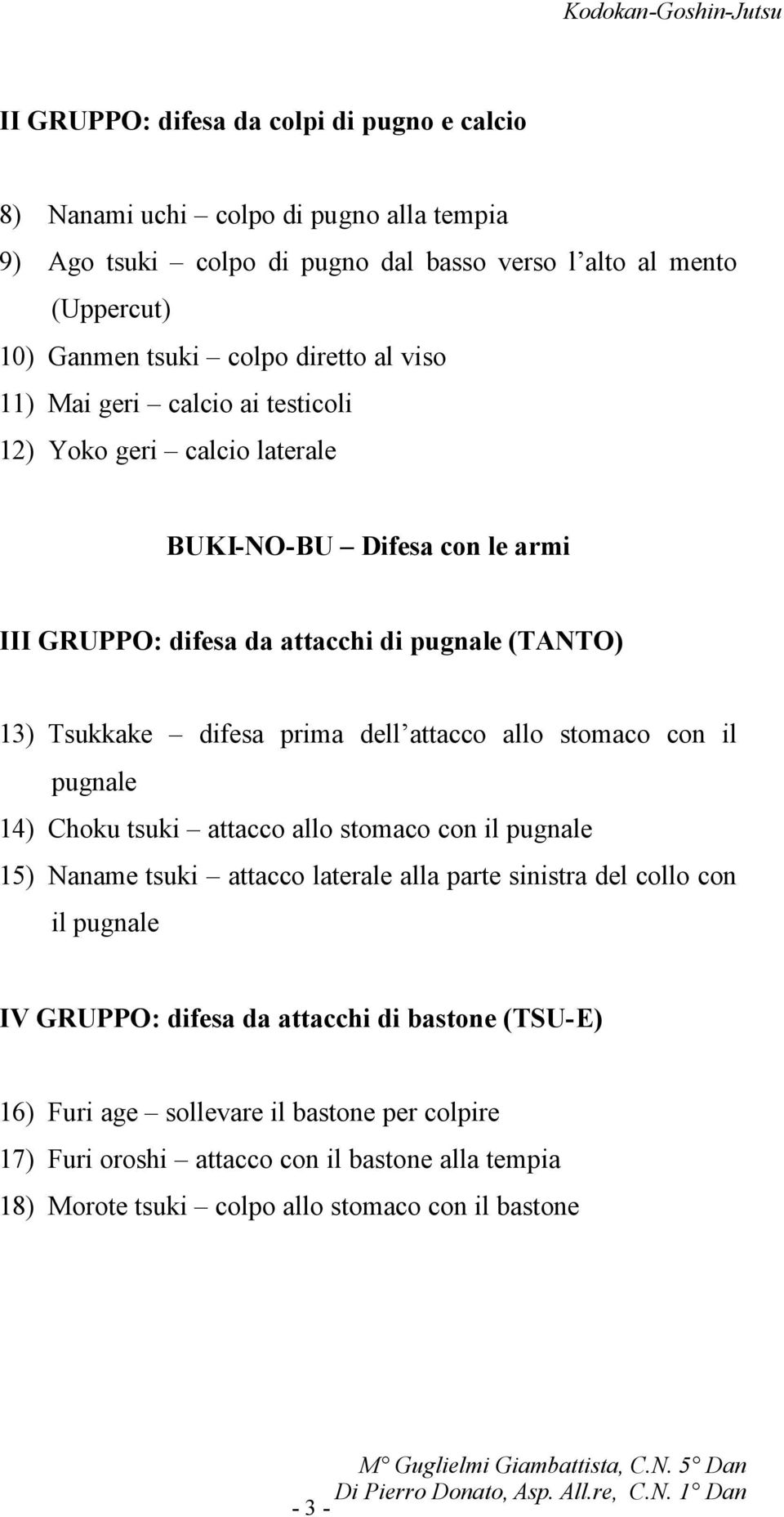 dell attacco allo stomaco con il pugnale 14) Choku tsuki attacco allo stomaco con il pugnale 15) Naname tsuki attacco laterale alla parte sinistra del collo con il pugnale IV GRUPPO: