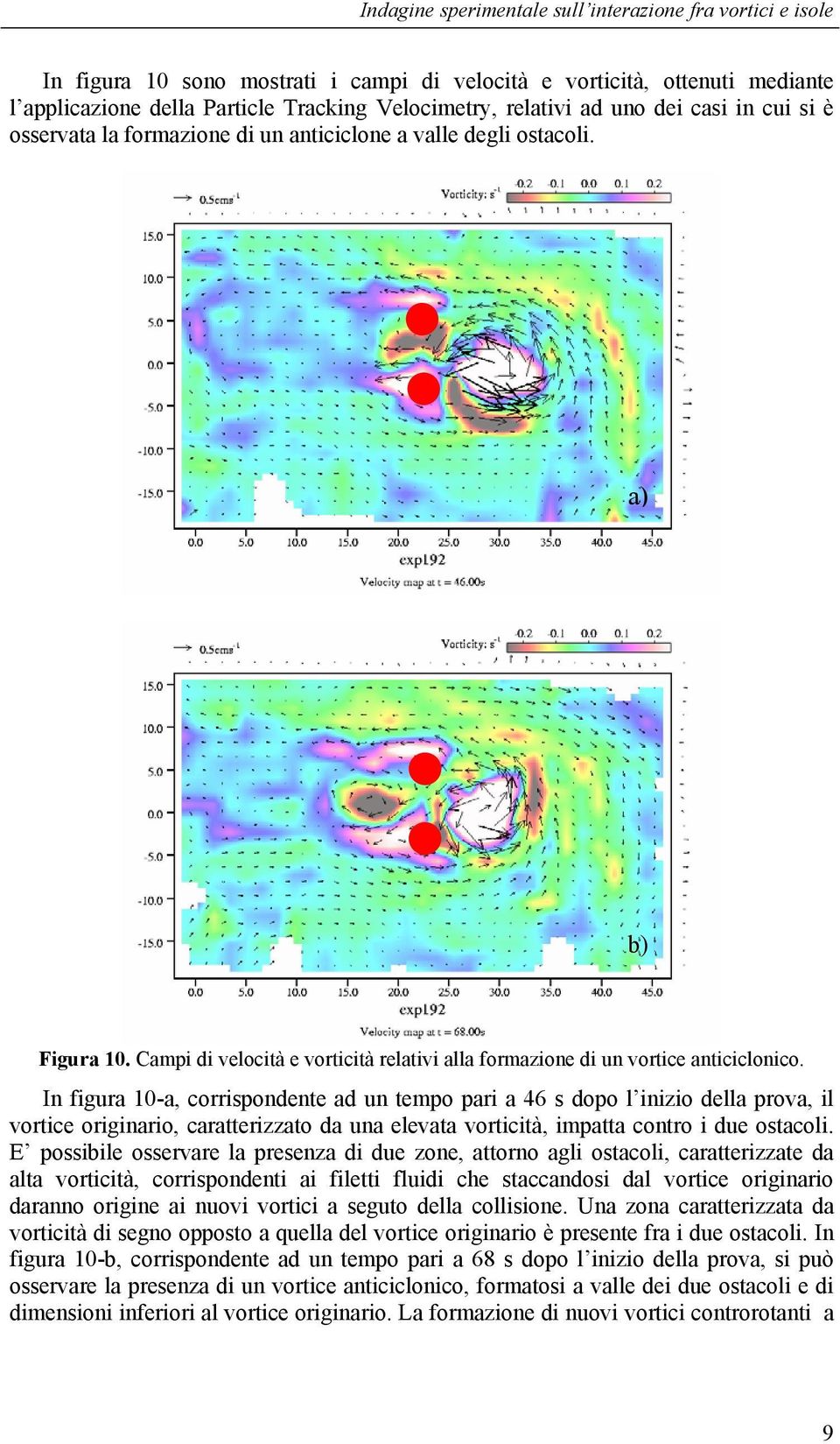 In figura 10-a, corrispondente ad un tempo pari a 46 s dopo l inizio della prova, il vortice originario, caratterizzato da una elevata vorticità, impatta contro i due ostacoli.