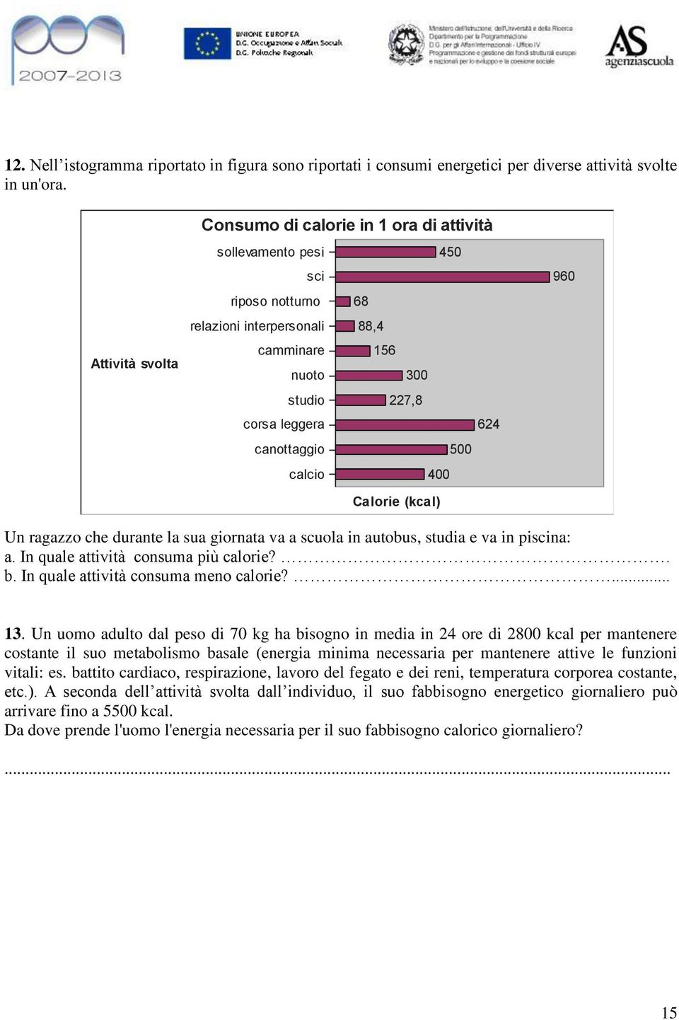 canottaggio 500 calcio 400 Calorie (kcal) Un ragazzo che durante la sua giornata va a scuola in autobus, studia e va in piscina: a. In quale attività consuma più calorie?. b.