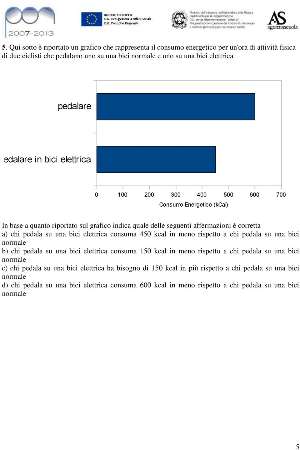 bici elettrica consuma 450 kcal in meno rispetto a chi pedala su una bici normale b) chi pedala su una bici elettrica consuma 150 kcal in meno rispetto a chi pedala su una bici normale c) chi