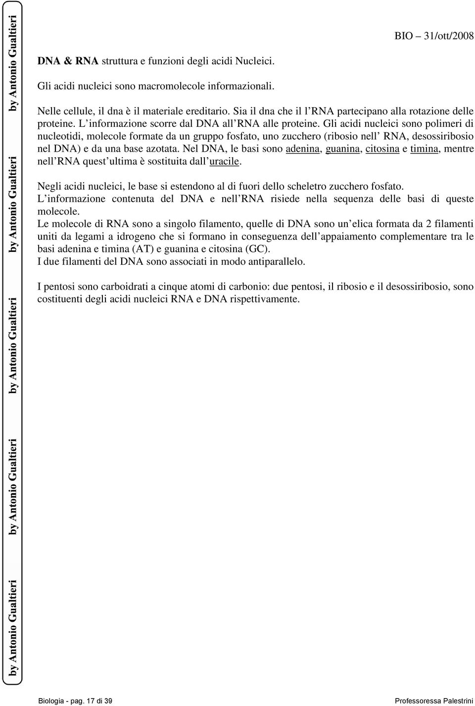 Gli acidi nucleici sono polimeri di nucleotidi, molecole formate da un gruppo fosfato, uno zucchero (ribosio nell RNA, desossiribosio nel DNA) e da una base azotata.